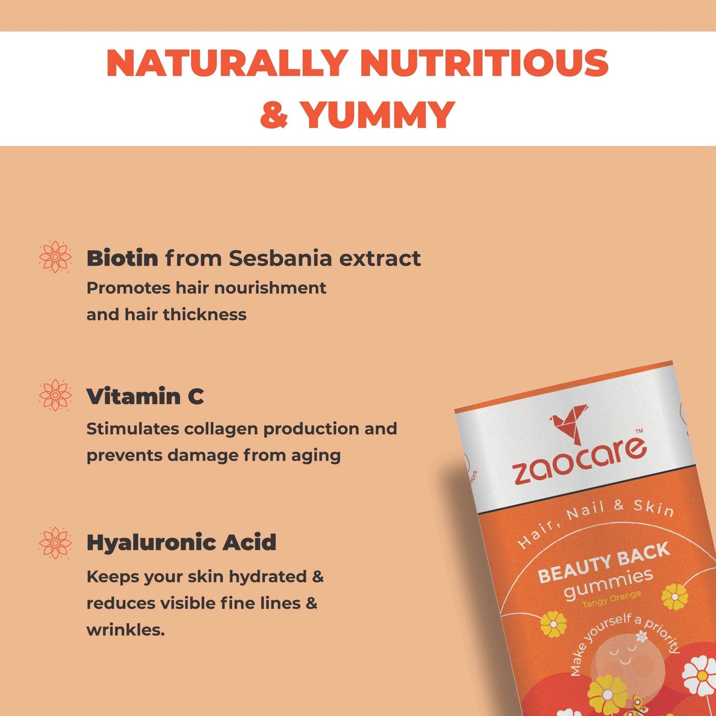 Zaocare Gummies For Hair and Skin contains biotin from sesbania extract, hyaluronic acid, Vitamin C from amla, Zinc, Selenium