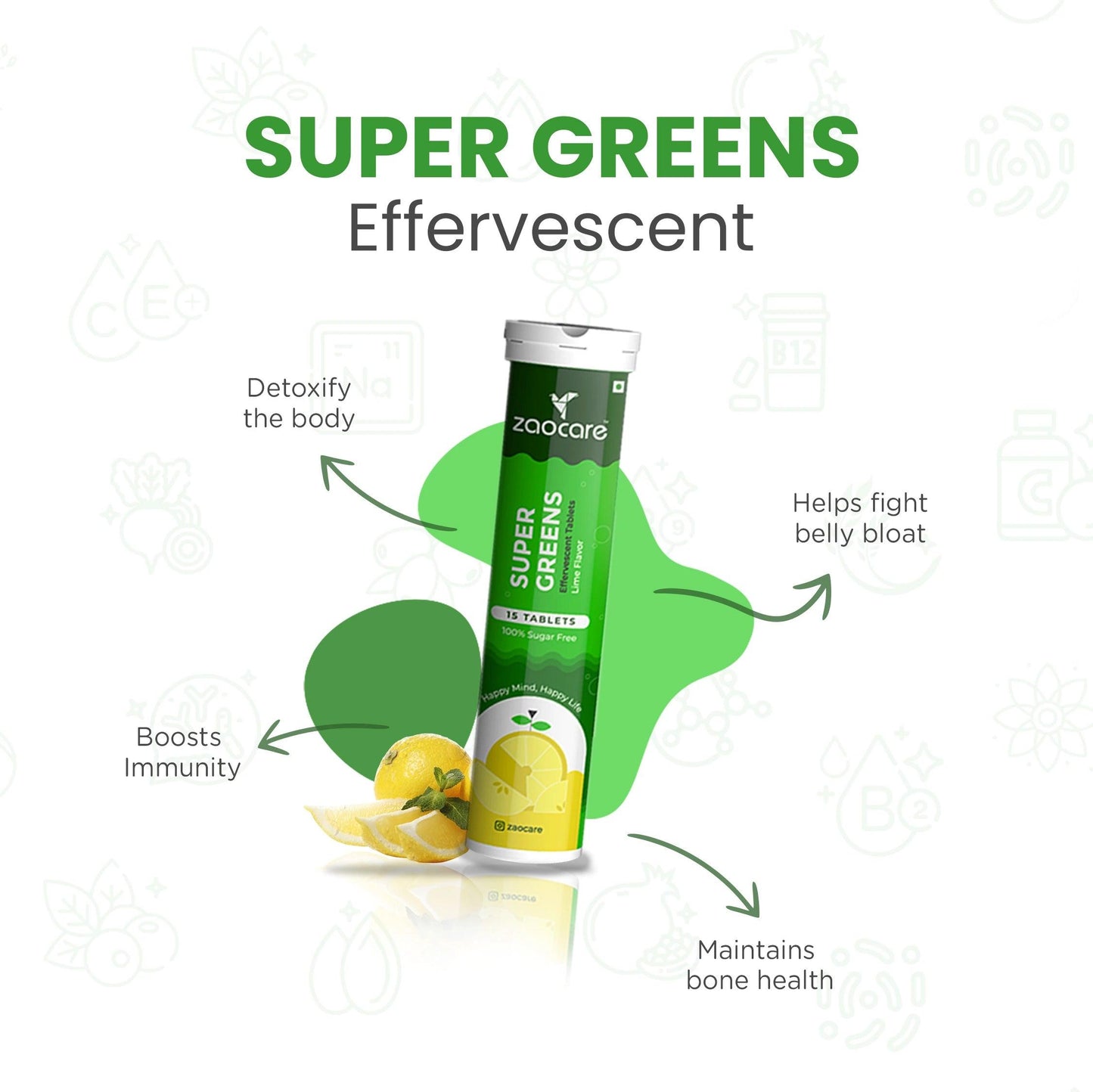 Zaocare Supergreens Tablet detoxify the body and helps fight belly fats