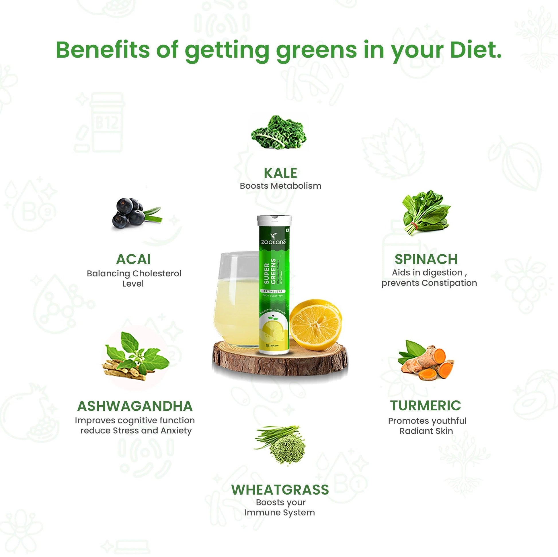 Zaocare Supergreens Tablet contain spinach, turmeric, ashwagandha, wheatgrass, acai, kale