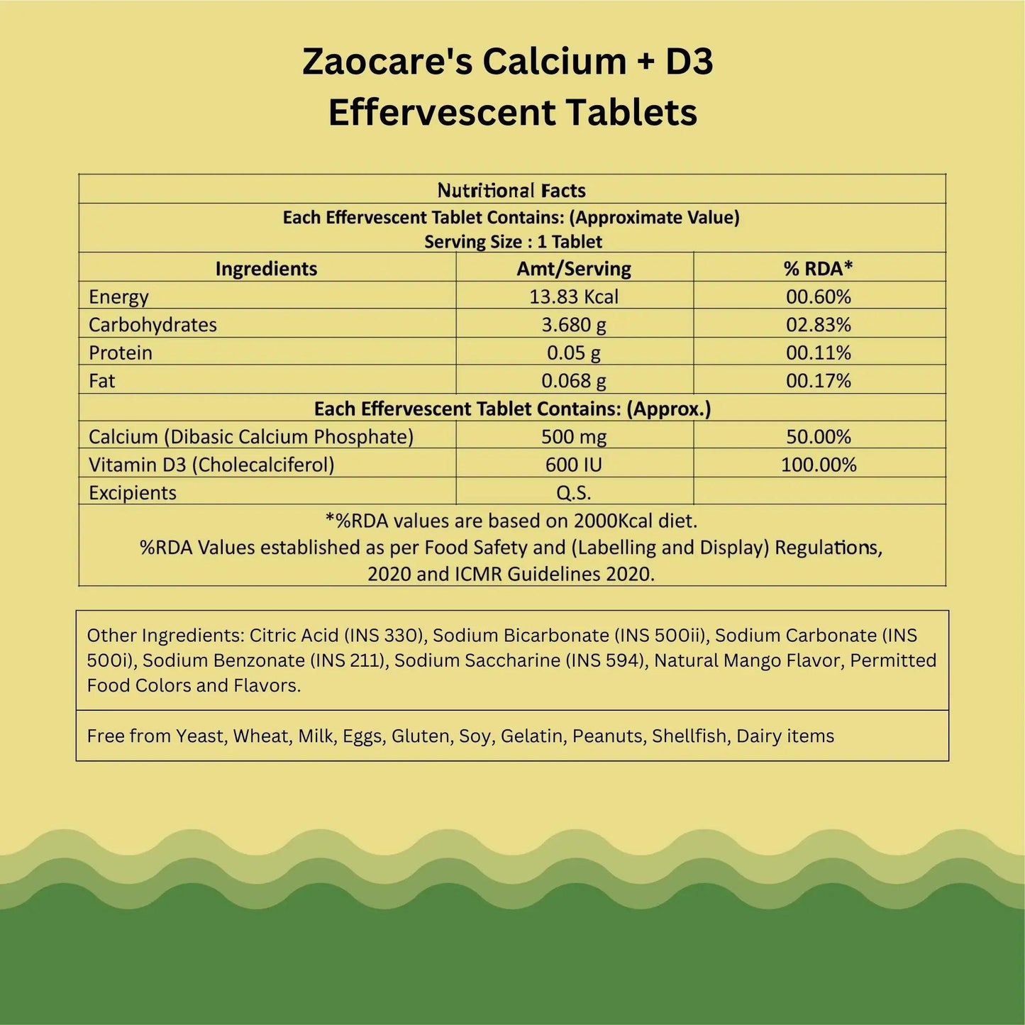 Nutritional Value of Zaocare Calcium & Vitamin D3 Tablets