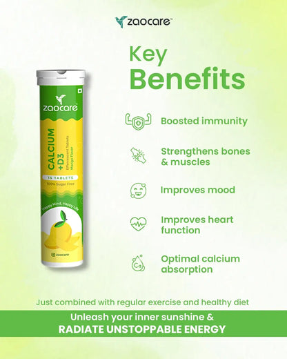 Key benefits of Zaocare Calcium & Vitamin D3 Effervescent Tablets: Boost Immunity, improves mood, supports bones and heart health