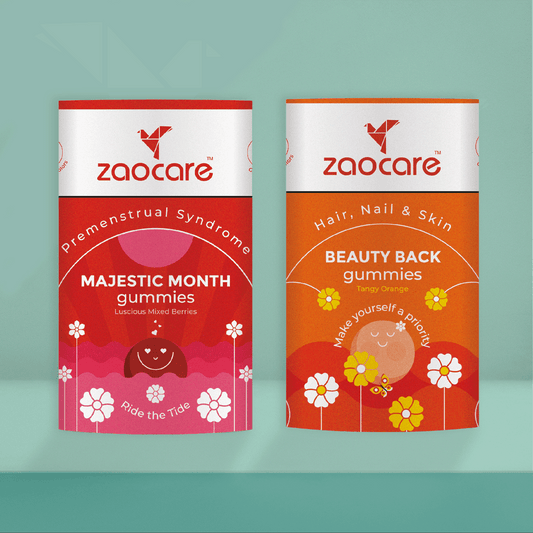 Combination of Zaocare makestic month gummies for PMS and Zaocare beauty back biotin gummies for hair and skin