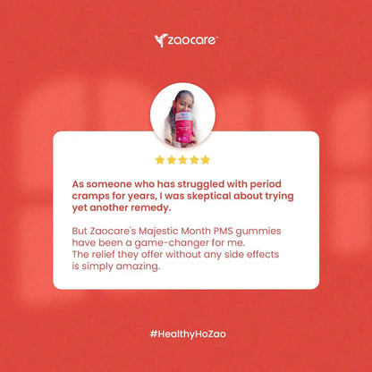 Customer testimonial on a red background praising Zaocare's Majestic Month PMS gummies for their effectiveness in relieving period cramps without side effects, alongside the hashtag HealthyHoZao