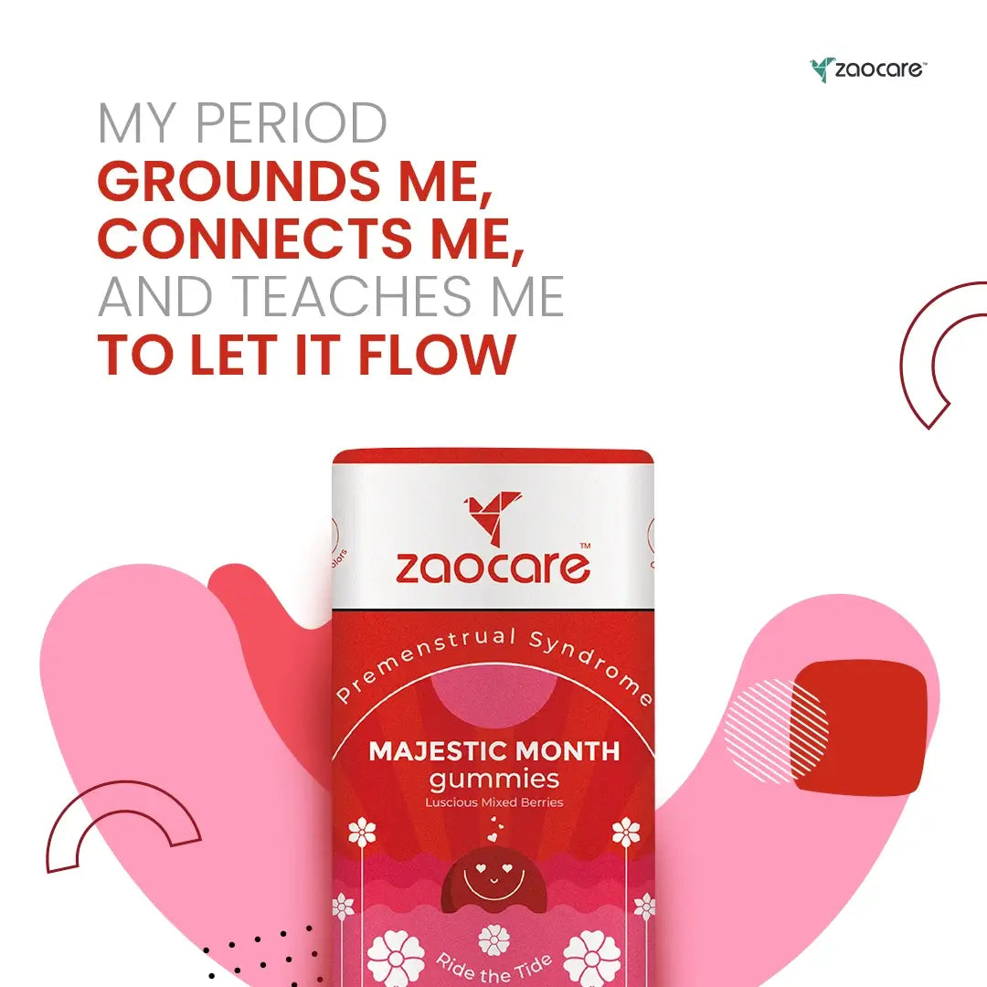 Promotional image for Zaocare's Majestic Month gummies for premenstrual syndrome, featuring the product with a backdrop of abstract shapes and the empowering slogan about the natural menstrual cycle.