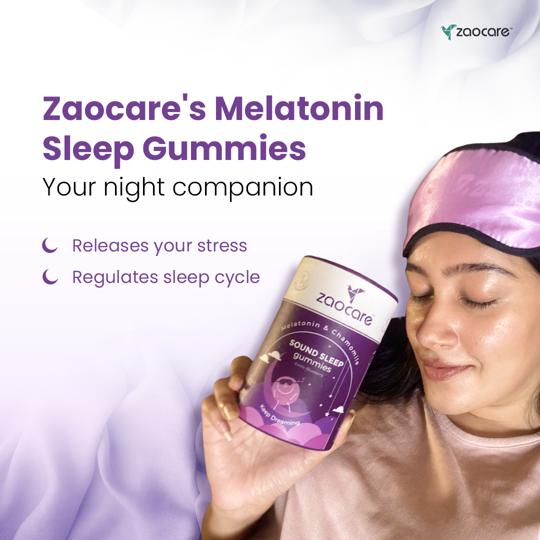 Image of a woman holding a container of Zaocare's Melatonin Sleep Gummies, with text stating they are your night companion, releasing stress and regulating sleep cycle.