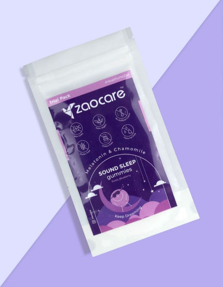 Product image of Zaocare's Sound Sleep Gummies Trial Pack featuring Melatonin and Chamomile, labeled as vegan, non-GMO, and free of allergens and trans fats.